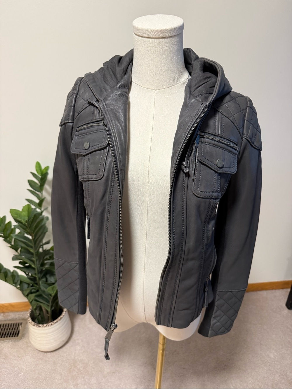 Michael Kors Slate Gray Hooded Moto Jacket Ribbed Knit Panels S